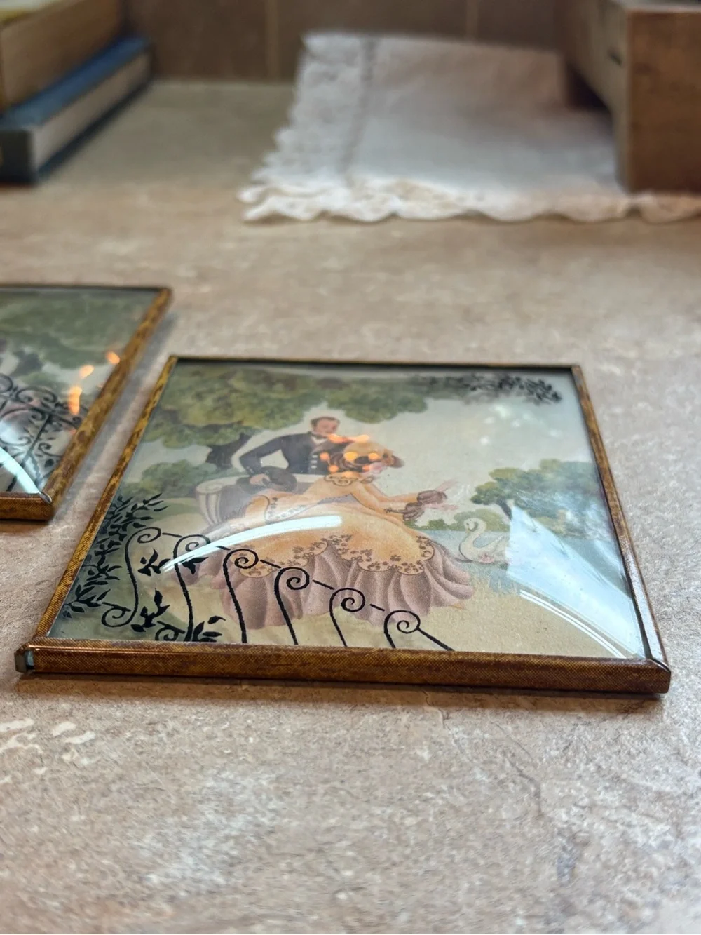 Vintage Pair Reverse Painted Bubble Glass Victorian Couple Brass Wall Pictures